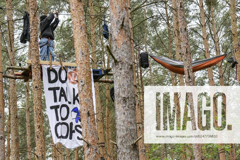 Umweltschützer demonstrieren in der Wuhlheide in Berlin gegen den Bau der geplanten Straße Tangentiale Verbindung Ost. Dafür seien dort vier Bäume besetzt und Baumhäuser errichtet worden, teilten die Organisatoren mit. Neue Waldbesetzung in Berlin &amp; queerfeministisch! Ein Teil der Wuhlheide soll für eine neue Straße gerodet werden. Nicht mit uns! , twitterten die Aktivisten., fotografiert am 14. Mai 2023 in Berlin. Deutschland Berlin Berlin