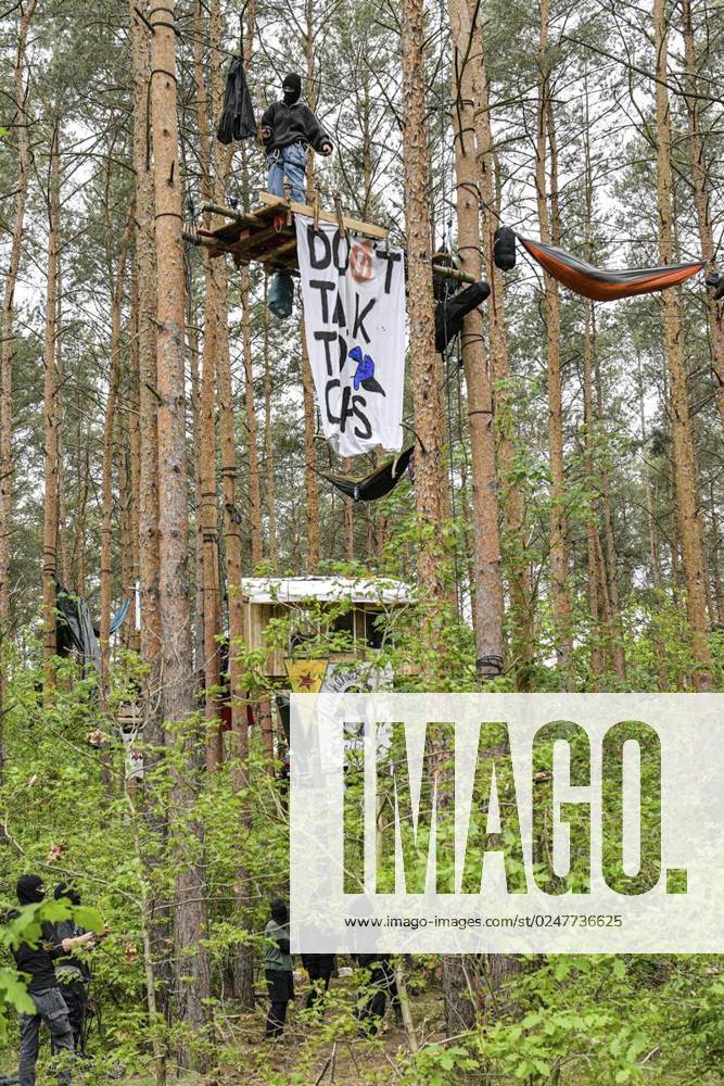 Umweltschützer demonstrieren in der Wuhlheide in Berlin gegen den Bau der geplanten Straße Tangentiale Verbindung Ost. Dafür seien dort vier Bäume besetzt und Baumhäuser errichtet worden, teilten die Organisatoren mit. Neue Waldbesetzung in Berlin & queerfeministisch! Ein Teil der Wuhlheide soll für eine neue Straße gerodet werden. Nicht mit uns! , twitterten die Aktivisten., fotografiert am 14. Mai 2023 in Berlin. Deutschland Berlin Berlin