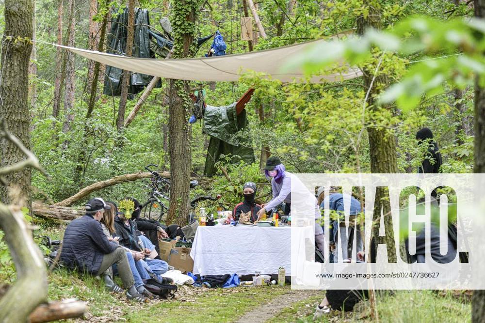 Umweltschützer demonstrieren in der Wuhlheide in Berlin gegen den Bau der geplanten Straße Tangentiale Verbindung Ost. Dafür seien dort vier Bäume besetzt und Baumhäuser errichtet worden, teilten die Organisatoren mit. Neue Waldbesetzung in Berlin & queerfeministisch! Ein Teil der Wuhlheide soll für eine neue Straße gerodet werden. Nicht mit uns! , twitterten die Aktivisten., fotografiert am 14. Mai 2023 in Berlin. Deutschland Berlin Berlin