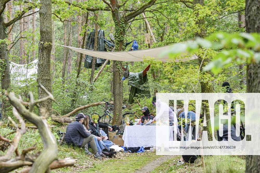 Umweltschützer demonstrieren in der Wuhlheide in Berlin gegen den Bau der geplanten Straße Tangentiale Verbindung Ost. Dafür seien dort vier Bäume besetzt und Baumhäuser errichtet worden, teilten die Organisatoren mit. Neue Waldbesetzung in Berlin & queerfeministisch! Ein Teil der Wuhlheide soll für eine neue Straße gerodet werden. Nicht mit uns! , twitterten die Aktivisten., fotografiert am 14. Mai 2023 in Berlin. Deutschland Berlin Berlin