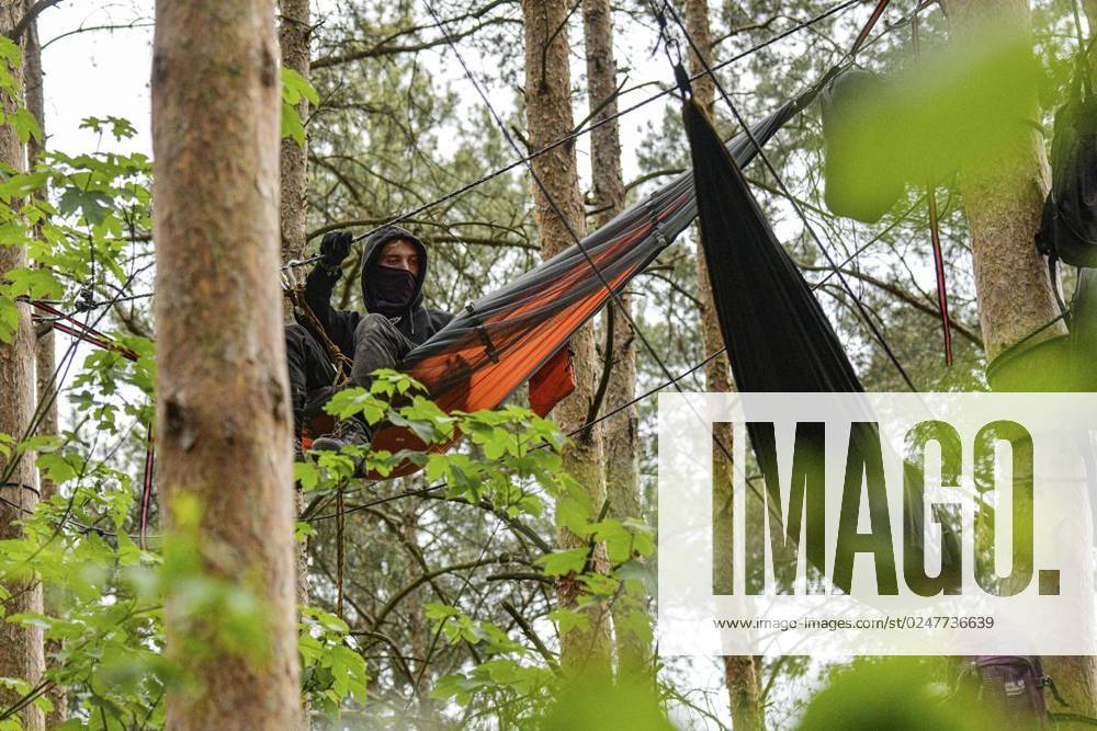 Umweltschützer demonstrieren in der Wuhlheide in Berlin gegen den Bau der geplanten Straße Tangentiale Verbindung Ost. Dafür seien dort vier Bäume besetzt und Baumhäuser errichtet worden, teilten die Organisatoren mit. Neue Waldbesetzung in Berlin &amp; queerfeministisch! Ein Teil der Wuhlheide soll für eine neue Straße gerodet werden. Nicht mit uns! , twitterten die Aktivisten., fotografiert am 14. Mai 2023 in Berlin. Deutschland Berlin Berlin