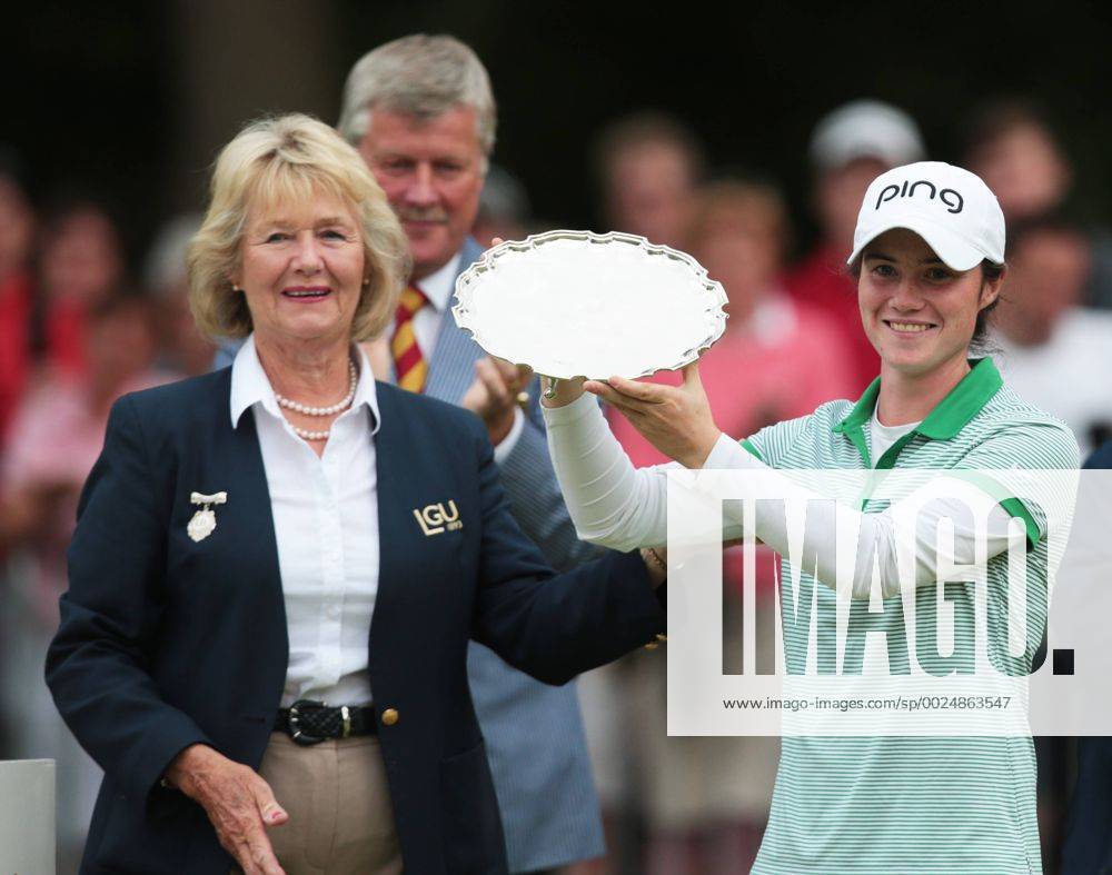 Woburn, United Kingdom - Leona Maguire of Ireland is presented with the trophy for the leading amateur player by Diane Bailey The Presidient of the LGU during the final round of the 2016 Ricoh Women s British Open played at Woburn Golf and Country Club, Woburn on July 31st 2016. Ricoh Women s British Open 2016 Day Four - ZUMAn230