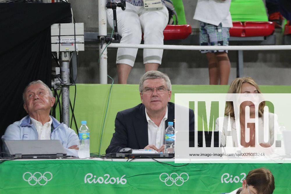 FIG-president Bruno Grandi, IOC-president Thomas Bach and former gymnast Nadia Comaneci during apparatus-final, 2016 Olympic Games Olympische Spiele Olympia OS 15 08 2016 -
