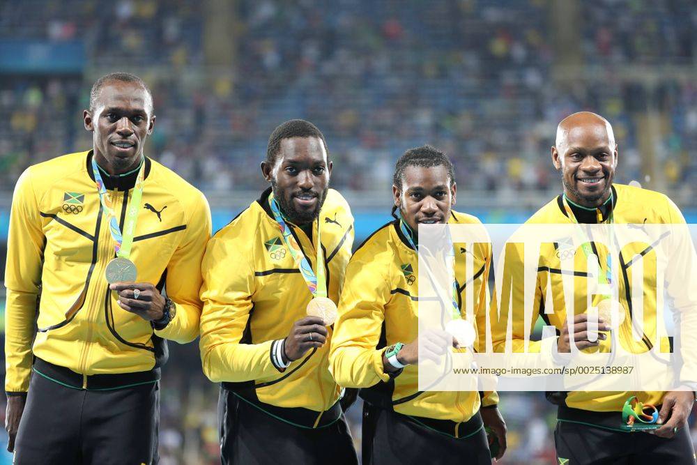 - SPORT (160820) -- RIO DE JANEIRO, Aug. 20, 2016 -- Jamaica s Usain Bolt, Nickel Ashmeade, Yohan Blake and Asafa Powell (L-R) attend the awarding ceremony for the men s 4x100m relay final of Athletcis at the 2016 Rio Olympic Games Olympische Spiele Olympia OS in Rio de Janeiro, Brazil, on Aug. 20, 2016. Jamaica won the gold medal. ) (xr) (SP)BRAZIL-RIO DE JANEIRO-OLYMPICS-ATHLETICS LiuxBin