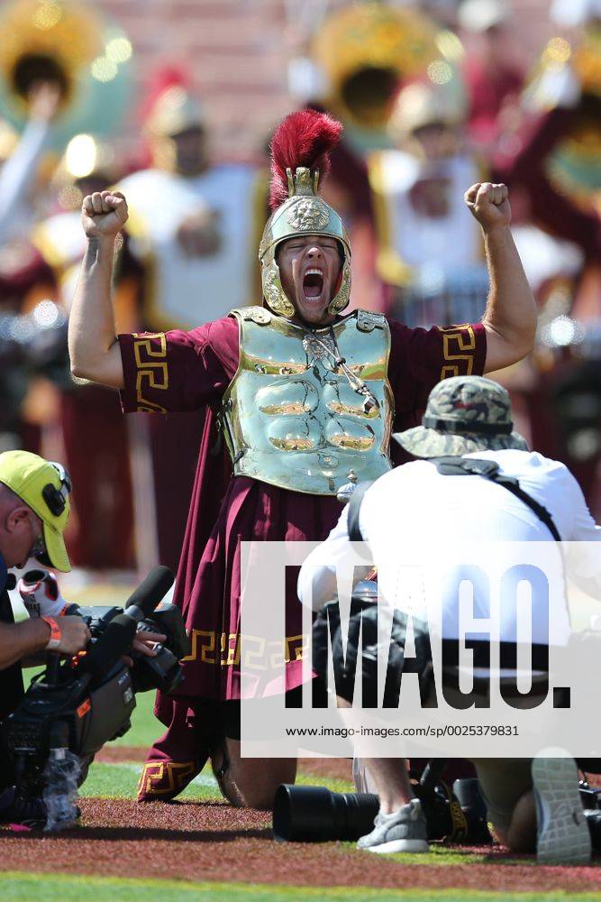 The Trojans mascot gives his yell after striking the ground with his sword before the game between the Utah State Aggies and the USC Trojans, The Coliseum in Los Angeles, CA. Zuma Wire Service NCAA College League USA Football 2016 - USC defeats Utah State 45-9 - ZUMAj102