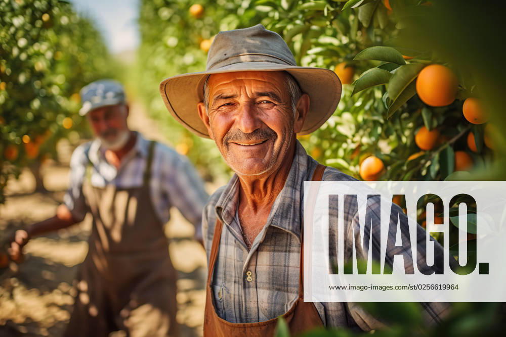 Farmer in his 50s next to orange tree. Generative AI Be er Sheva, South District, Israel CR_NPNGDI230516-1190190-01 ,property released