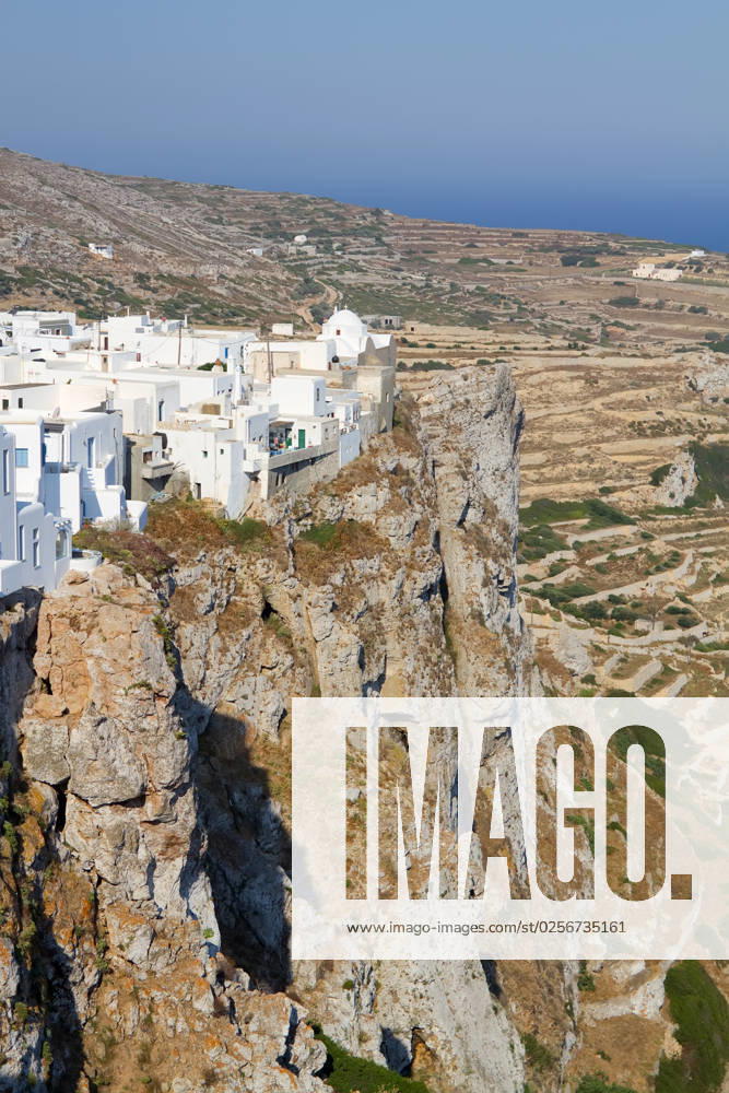 The town of Chora on Folegandros island, Greece, sitting on the edge of a steep cliff
