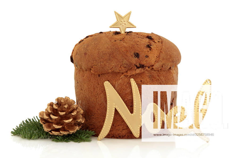 Panettone christmas cake with gold noel sign and star decorated with pine fir, golden pine cone isolated over white background.