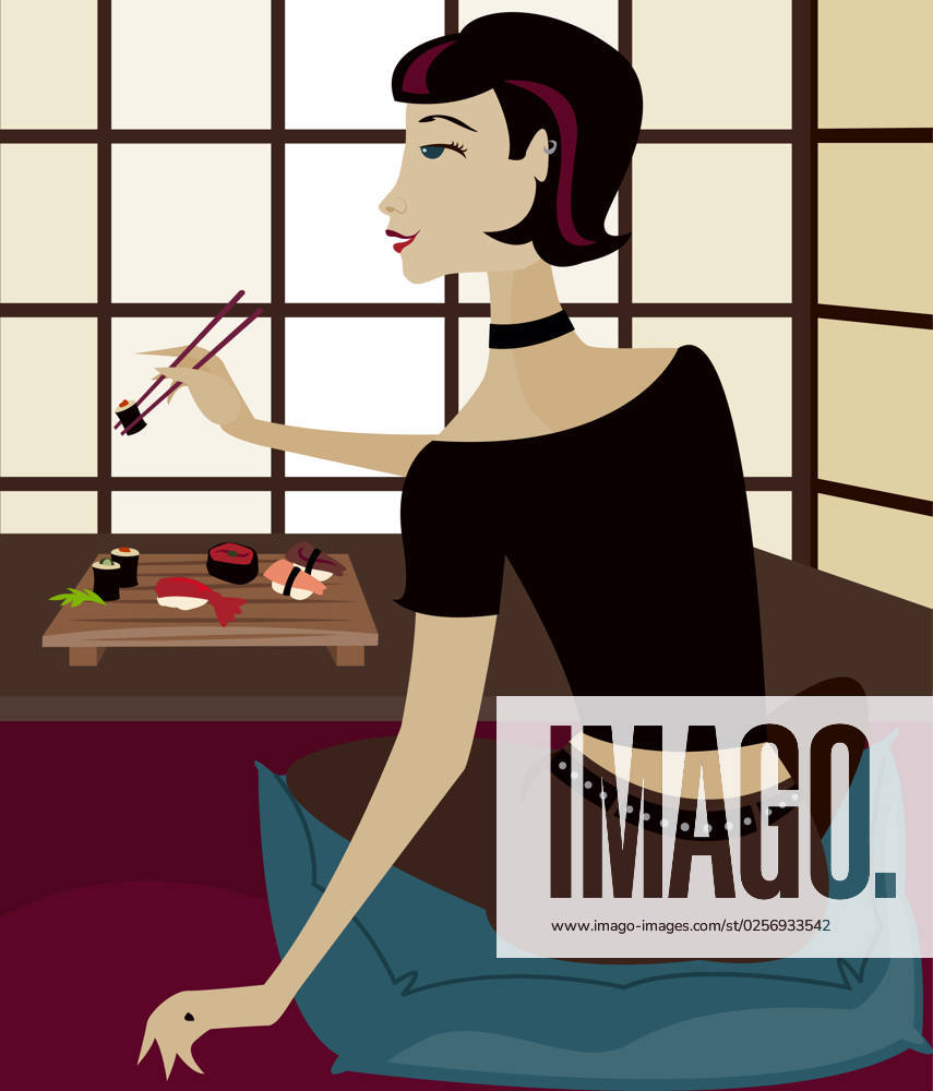 Girl sits on a pillow, enjoying sushi in a restaurant