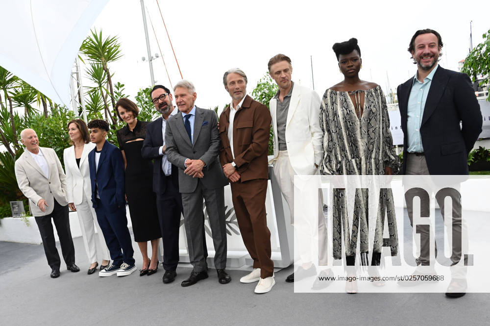 76th Cannes Film Festival 2023, Photocall Film Indiana Jones And The Dial Of Destiny?. Pictured Frank Marshall, Kathleen Kennedy, Ethann Isidore, Phoebe Waller-Bridge, Director James Mangold, Harrison Ford, Mads Mikkelsen, Boyd Holbrook, Shaunette Renà e Wilson and Simon Emanuel
