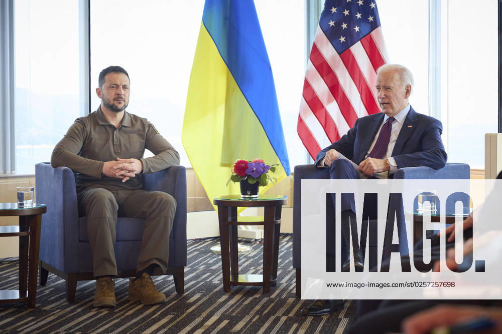 Ukrainian President Volodymyr Zelenskyy, left, holds a bilateral discussion with U.S President Joe Biden, right, on the sidelines of the G7 Leaders Summit at the Grand Prince Hotel, May 21, 2023 in Hiroshima, Japan. Hiroshima Japan - ZUMAp138 20230521_zaa_p138_003