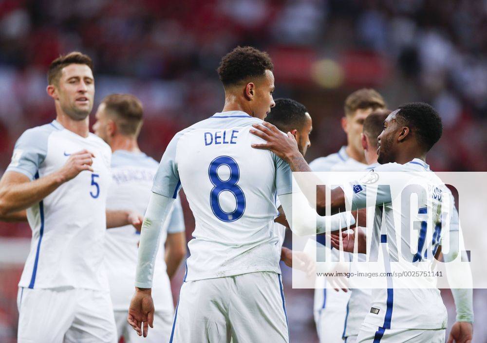 Fußball, WM Quali, England - Malta (161009) -- LONDON, Oct. 8, 2016 -- Dele Alli (C) of England celebrates his goal with his teammates during the Group F match between England and Malta at 2018 FIFA World Cup WM Weltmeisterschaft Fussball European Zone Qualifiers at Wembley Stadium in London, England on Oct. 8, 2016. England, won 2-0. ) (SP)BRITAIN-LONDON-FOOTBALL-FIFA WORLD CUP QUALIFIER-ENGLAND VS MALTA HanxYan