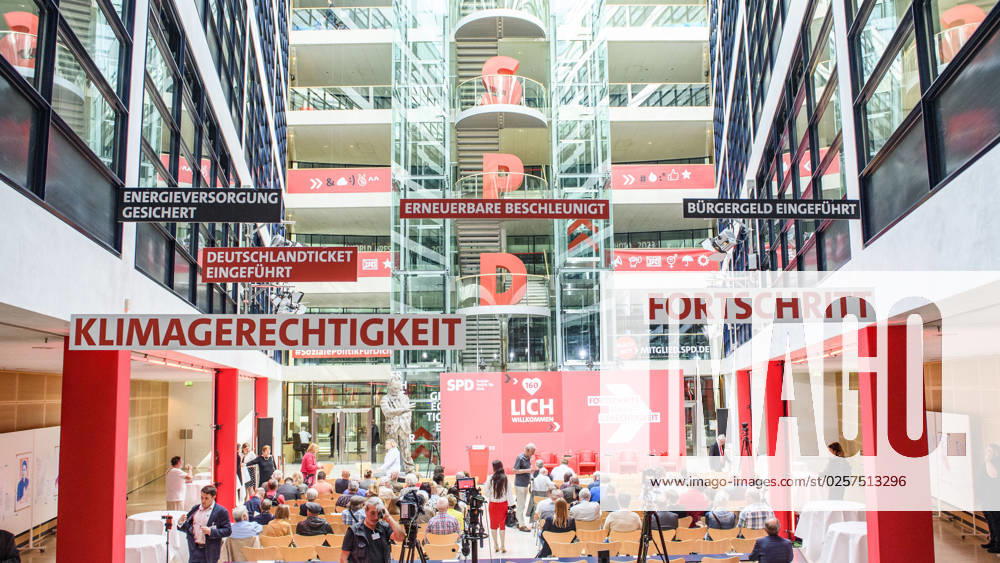 Berlin GER, Berlin, Progress needs justice Ð For 160 years ideas for tomorrow, SPD, 22 05 23, Overview SPD Atrium in Willy Brand Haus Topics, Energy, Future, Progress, Climate, Progress needs justice Ð For 160 years ideas for tomorrow, SPD, 22 05 23,