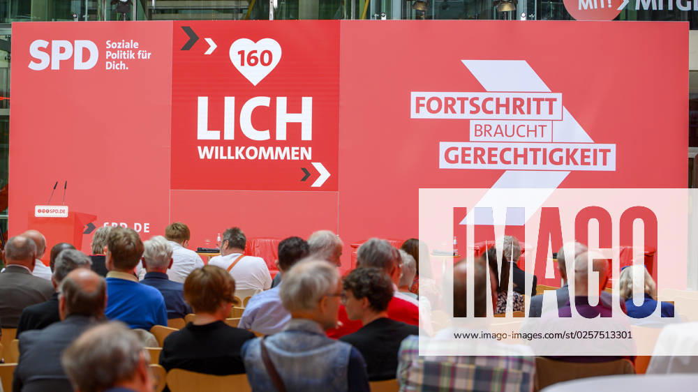 Berlin GER, Berlin, Progress needs justice Ð For 160 years ideas for tomorrow, SPD, 22 05 23, Overview SPD Atrium in Willy Brand Haus Topics, Energy, Future, Progress, Climate, Justice, Progress needs justice Ð For 160 years ideas for tomorrow, SPD, 22 05 23,