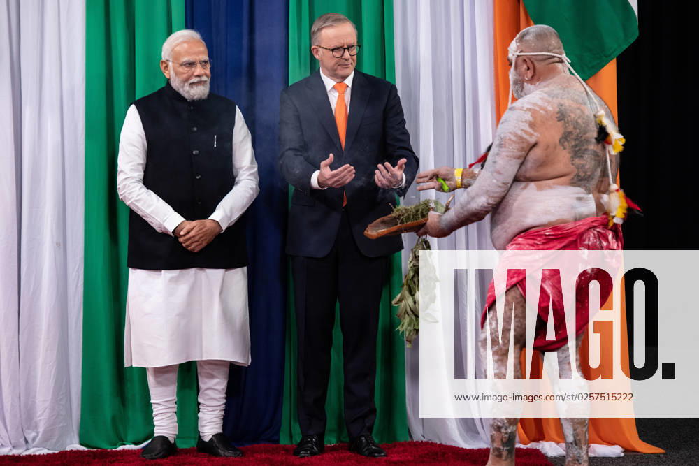 INDIAN PM NARENDRA MODI VISIT, India?s Prime Minister Narendra Modi and Australian Prime Minister Anthony Albanese arrive for a community event at Qudos Bank Arena in Sydney, Tuesday, May 23, 2023. ( NO ARCHIVING, , NO USE IN BOOKS WITHOUT CONSENT SYDNEY NEW SOUTH WALES AUSTRALIA