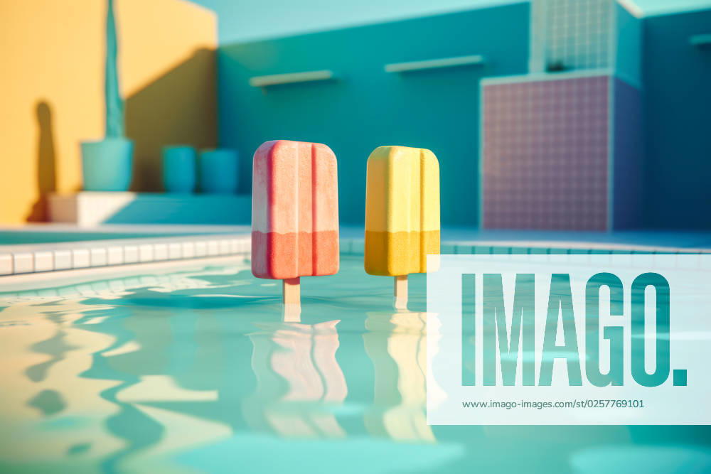 IMAGO Creative, Jahreszeit Sommer, Sommerferien Generative AI illustration of different colored ice cream placed in swimming pool with transparent blue water representing concept of summer holidays Generative AI illustration of different colored ice cream placed in swimming pool with transparent blue water representing concept of summer holidays EncrudoStudio_ID13788_417300_028