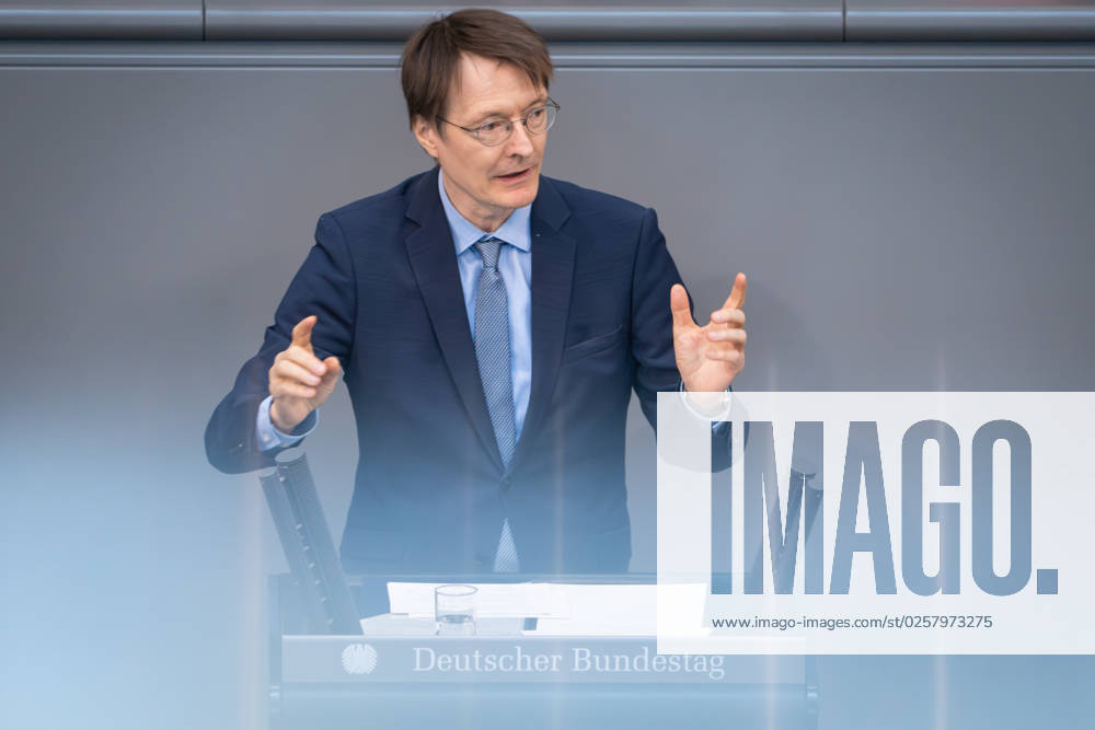 107 Bundestag session and debate Health Minister Karl Lauterbach SPD in portrait during his speech with special gesture during the debate on the subject of care support and relief law at the 107 session of the German Bundestag in Berlin, 26 05 2023 Berlin Germany