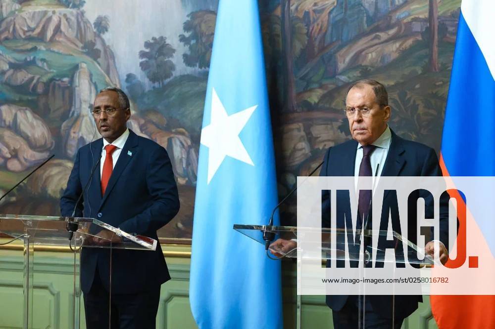 Russian Foreign Minister Sergey Lavrov meets with the Minister of Foreign Affairs and International Cooperation of the Federal Republic of Somalia, Absher Omar Jammeh, in Moscow Russian Foreign Minister Sergey Lavrov meets with the Minister of Foreign Affairs and International Cooperation of the Federal Republic of Somalia, Absher Omar Jammeh, in Moscow, on May 26, 2023. Photo by Russian Foreign Ministry s official APAimages Russia Russia Russian Federation 260523_RUSSIA_RFMO_00 (4)