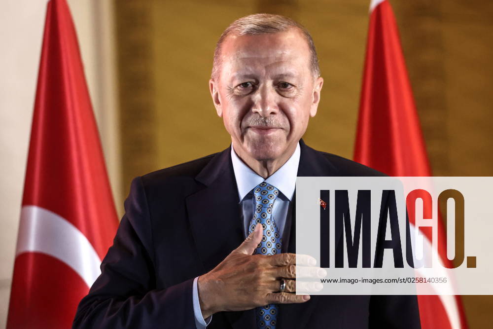 KW21 TURKEY, ANKARA - MAY 29, 2023: Incumbent president Recep Tayyip Erdogan finishes his speech in front of the Presidential Palace as supporters celebrate him heading the poll with more than 52% against his rival Kemal Kilicdaroglu during the 2023 Turkish presidential election. Valery Sharifulin TASS 59483151
