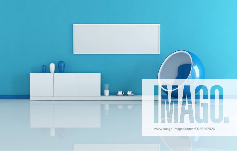 Blue modern living room with blank canvas