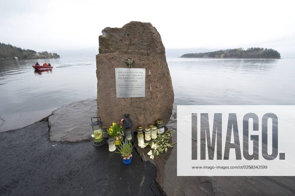 OSLO 20120415 Plaque in memory of the Utoeya massacer in the Utvika harbor where some 250 youngsters were evacuated July 22 2011 from Utoeya island, in the Tyrifjorden lake northwest of Oslo Monday Anders Behring Breivik will be put on trial for killing 77 people 69 of the victims were mostly teenagers, at a summer camp of the ruling Labour Party on Uto