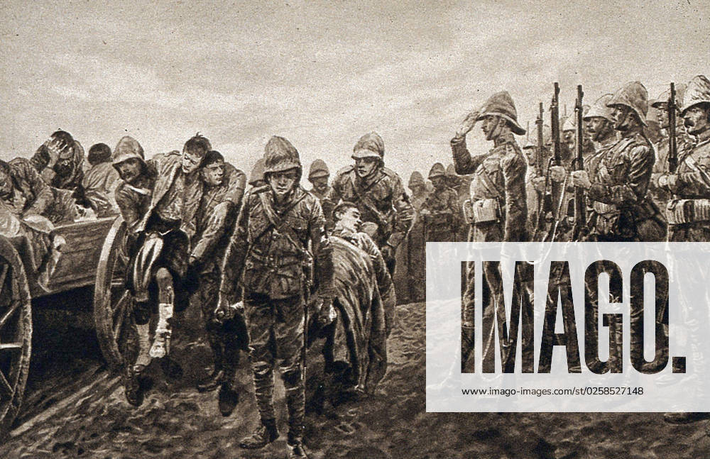 Burenkrieg, Soldaten grüßen die Verwundeten außerhalb des Schlachtfelds am Modder River, 1899, Soldaten. Militärische Uniformen, Kriegsverwundete, Krankenwagen, Historisch, digital restaurierte Reproduktion von einer Vorlage aus der damaligen Zeit