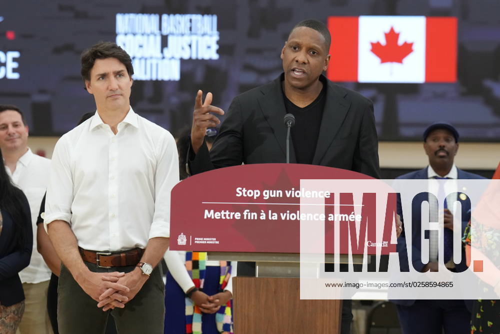Prime Minister Justin Trudeau looks on as Toronto Raptors president Masai Ujuri speaks about gun violence, at the OVO Athletic Centre in Toronto on Thursday, June 1, 2023. TORONTO CANADA - ZUMAc35_ 20230601_zaf_c35_144