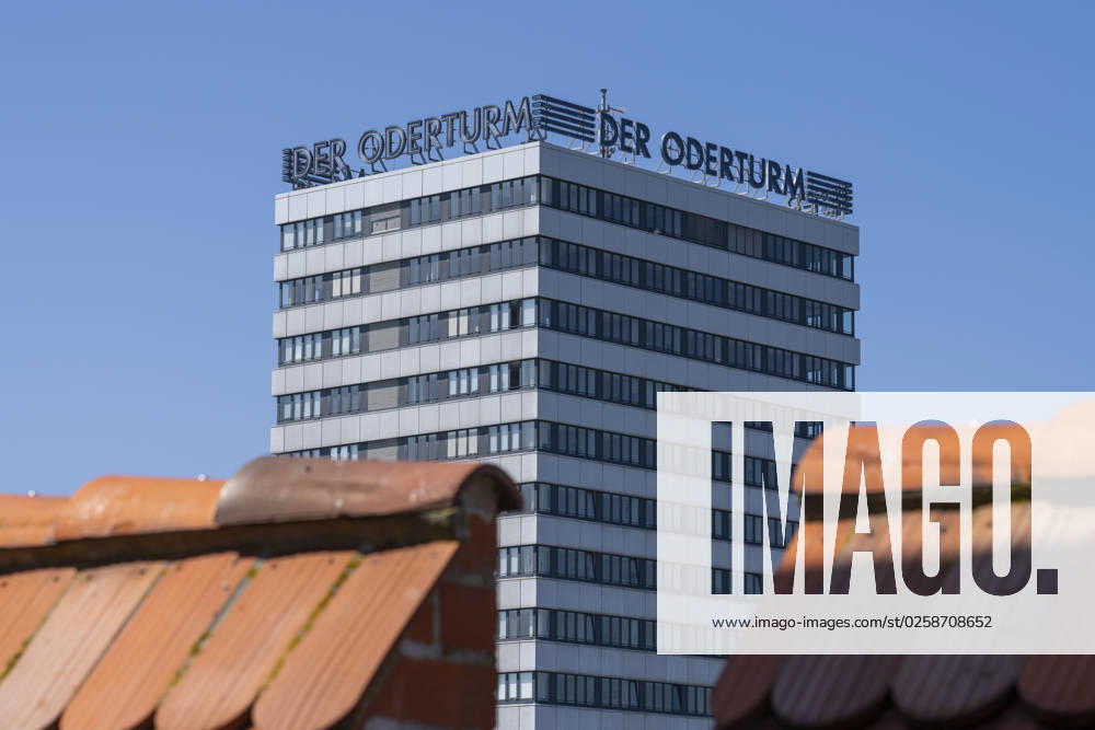 The 25-story Oderturm in Frankfurt Oder is a landmark of the city The office tower was built between 1968 and 1976 The illuminated sign The Oderturm on the roof of the building is visible from afar