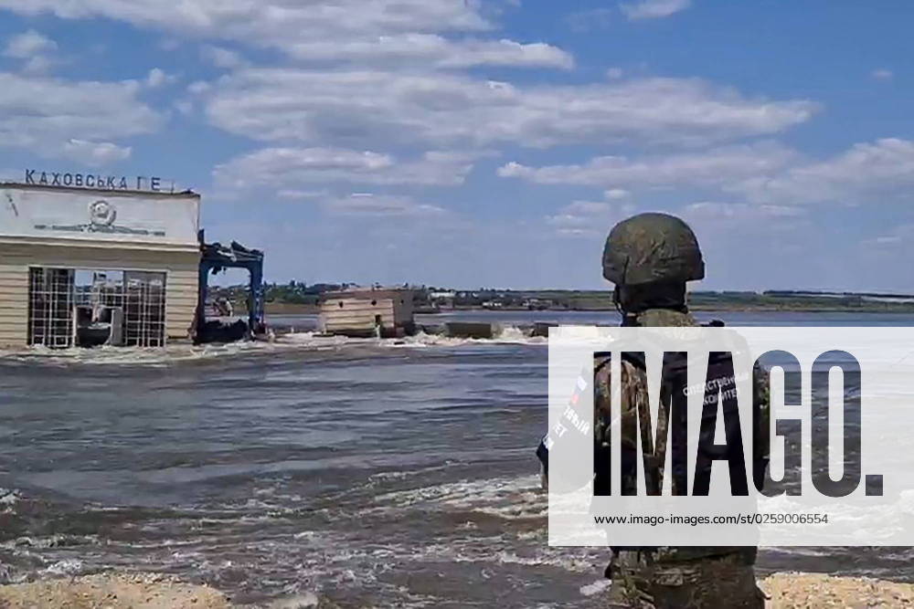 RUSSIA, KHERSON REGION - JUNE 6, 2023: This video screen grab shows a flooded area in Novaya Kakhovka, The flood occured after a dam was breached at the Kakhovka Hydroelectric Power Plant. Overnight into June 6, the Ukrainian Armed Forces launched a strike on the power plant, and the ensuing dam collapse caused an uncontrollable release of water downstream. The plant falling further apart as of yet, residents of the flood-hit areas have been moved to safety. Video grab. Best possible quality. Russian Investigative Committee TASS 59655236