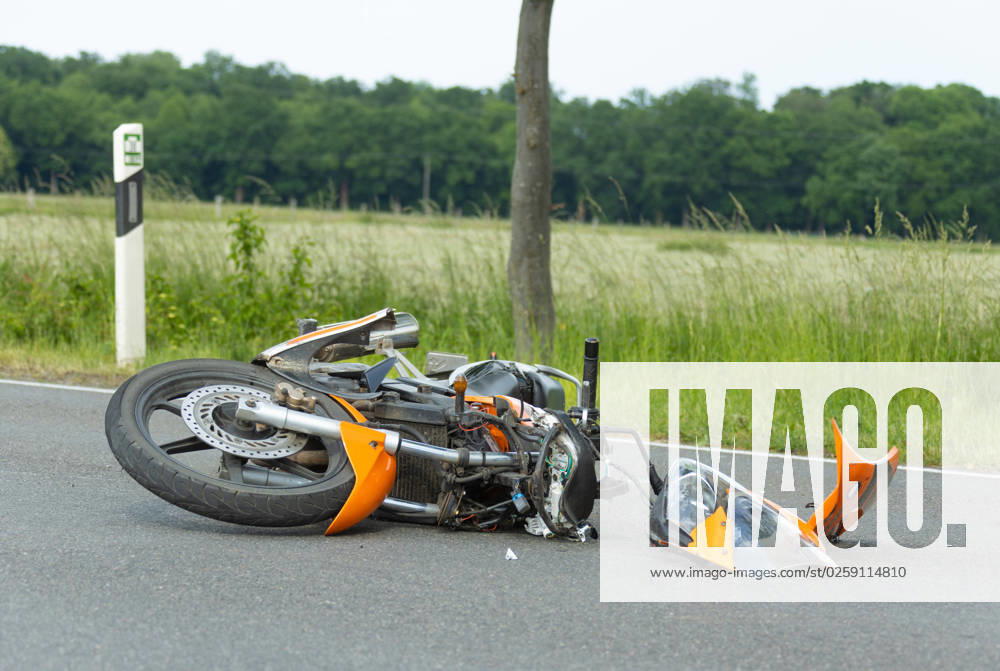 Melle, Germany 06 June 2023 In the picture A traffic accident involves a motorcycle The motorcycle involved in the accident is on a rural road Lower Saxony