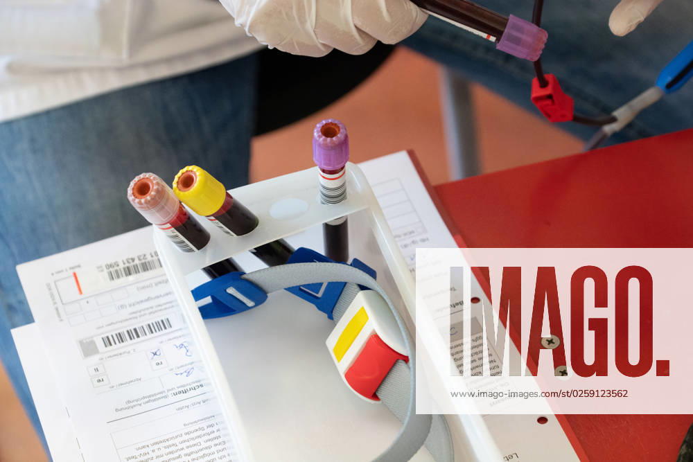 An employee of the DRK blood donation service takes blood sample for laboratory examination, theme photos BLUTSPENDE on the occasion of the blood donation campaign of the German Red Cross with the action missingtype to the world blood donation day on 14 June 2023, photo session on 05 06 2023 in the school center Pesch in Cologne,