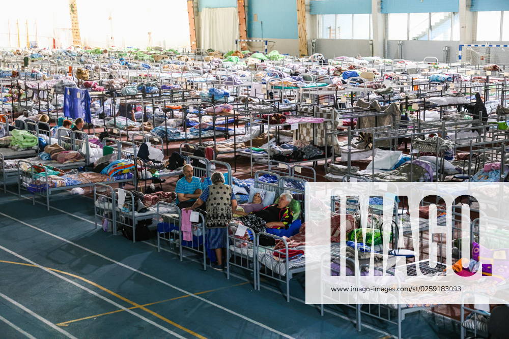 RUSSIA, BELGOROD - JUNE 7, 2023: Evacuated people are seen in a temporary accommodation facility organized in the Svetlana Khorkina training and sports complex of the Belgorod State University. On the night of June 1, the Belgorod Region s Shebekinsky District was subjected to a serious Ukrainian attack, shelling continues; local authorities have placed residents in temporary accommodation facilities. Alexander Ryumin TASS 59662309