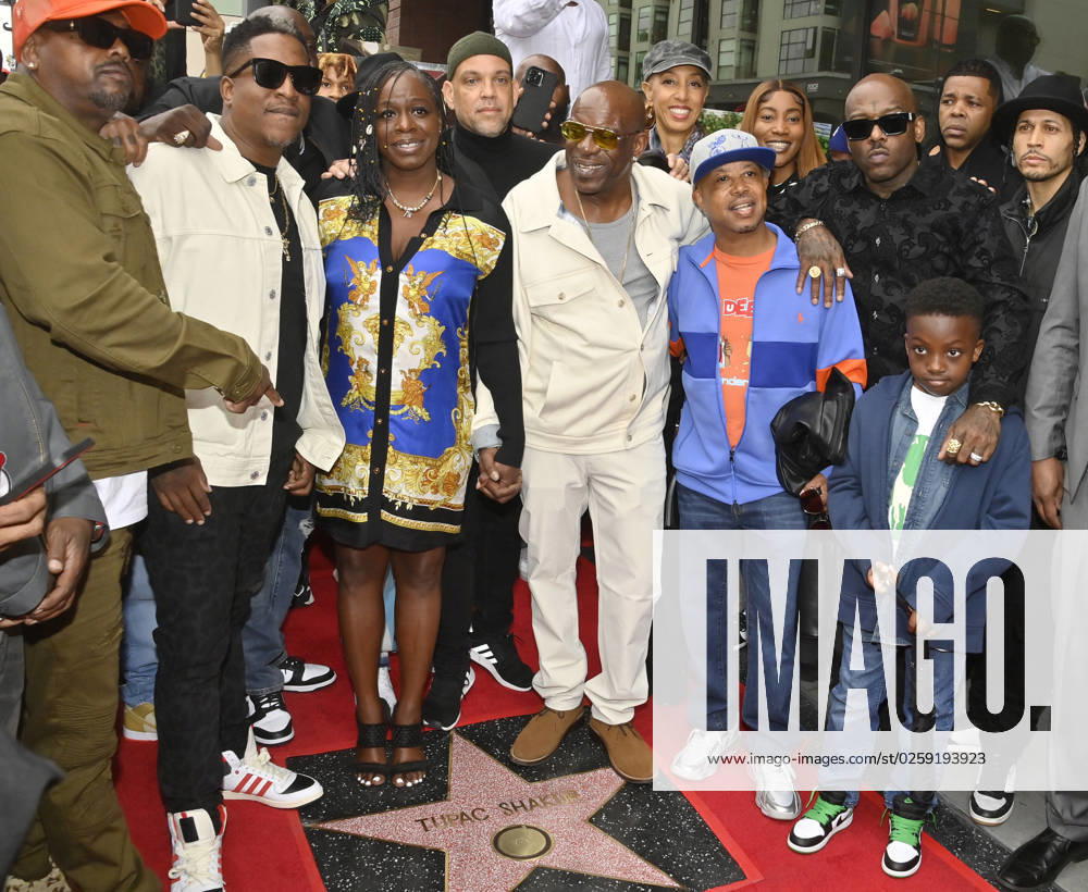 Sekyiwa Set Shakur (C), the sister of Tupac Shakur is joined by her brother Mopreme Shakur (R), in white)surrounded by friends and family members during a posthumous unveiling ceremony honoring Tupac Shakur with the 2,758th star on the Hollywood Walk of Fame on Wednesday, June 7, 2023. LAP2023060702 JIMxRUYMEN