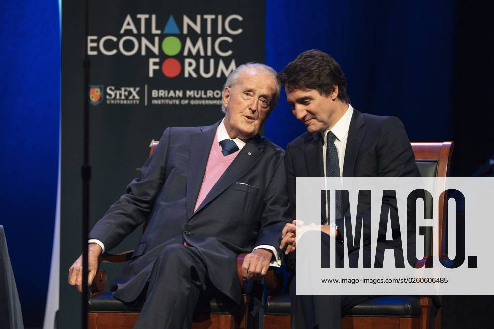 Prime Minister Justin Trudeau, right, and former prime minister Brian Mulroney speak during the Atlantic Economic Forum at St. Francis Xavier University in Antigonish, N.S. on Monday, June 19, 2023. Antigonish Canada - ZUMAc35_ 20230619_zaf_c35_073