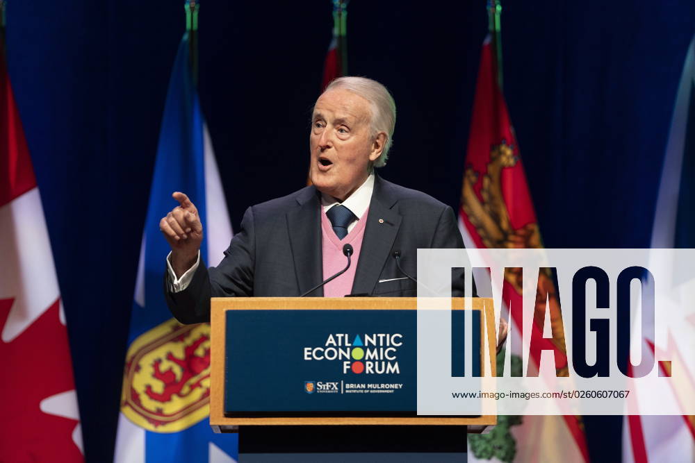 Former prime minister Brian Mulroney speaks during the Atlantic Economic Forum at St. Francis Xavier University in Antigonish, N.S. on Monday, June 19, 2023. Antigonish Canada - ZUMAc35_ 20230619_zaf_c35_076