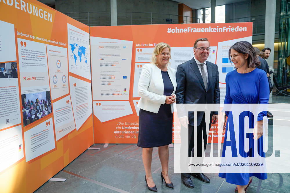 Ceremony for the Day of Peacekeeping 2023 in the Bundestag Foreign Minister Annalena Baerbock Greens together with Interior Minister Nancy Faeser SPD and Defense Minister Boris Pistorius SPD in front of the information board without women no peace in the framework of the ceremony for the Day of