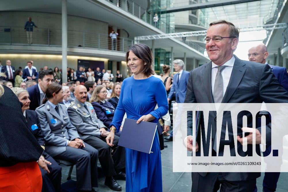 Peacekeeping Day 2023 Ceremony at the Bundestag Foreign Minister Annalena Baerbock Greens together with Interior Minister Nancy Faeser SPD and Defense Minister Boris Pistorius SPD arriving at the Peacekeeping Day Ceremony for honoring German personnel in international peacekeeping operations at the Paul Loebe Haus of the Bundestag, Berlin