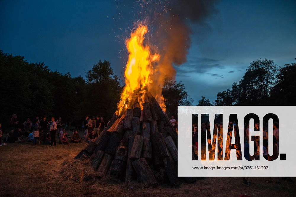 Solstice fire with large crowd, Tübingen, Baden Württemberg, Germany
