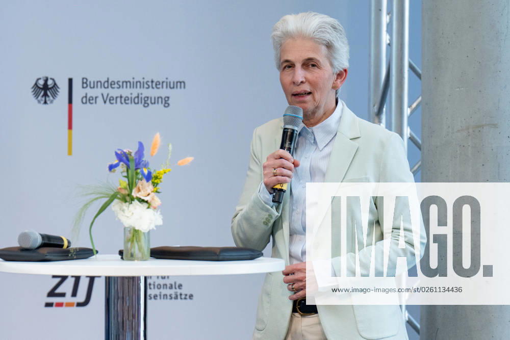 Peacekeeping Day at the Bundestag, Marie Agnes Strack Zimmermann Peacekeeping Day at the Bundestag, Paul Löbe Haus, 22 6 2023, Marie Agnes Strack Zimmermann, in the background the logo of the Federal Ministry of Defense Berlin Berlin GER