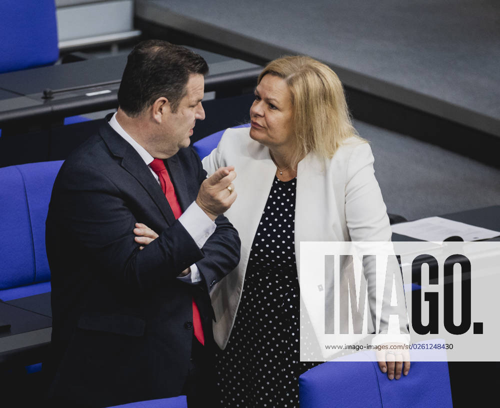 L R Hubertus Heil SPD , Federal Minister of Labor and Social Affairs, and Nancy Faeser SPD , Federal Minister of the Interior and Homeland, recorded during the debate in the German Bundestag on skilled worker immigration Berlin, 23 06 2023 Berlin Germany