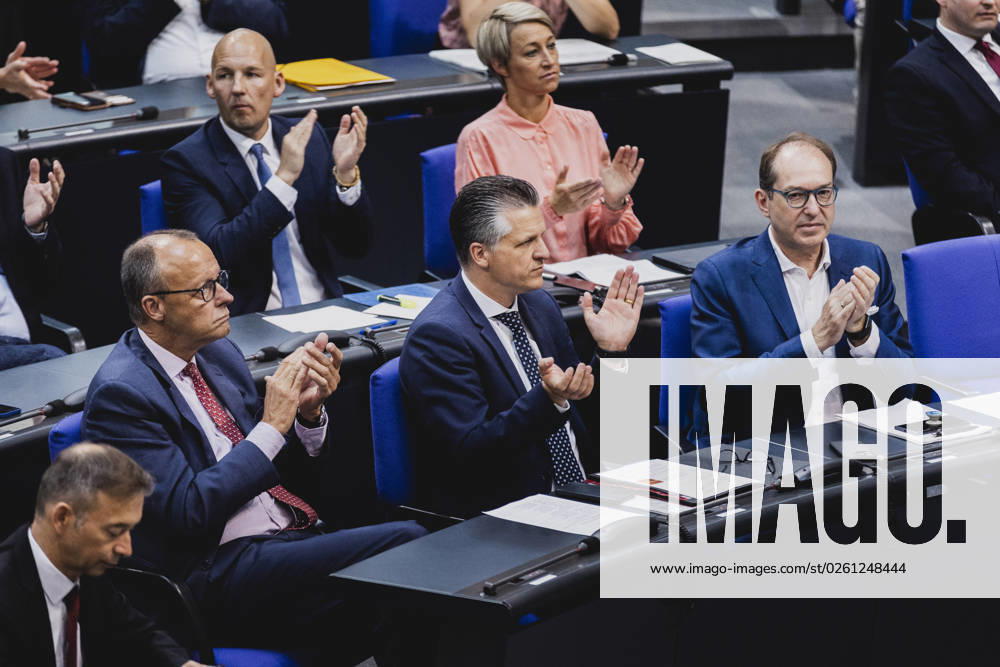 L R Friedrich Merz, CDU party chairman, Thorsten Frei, member of the German Bundestag CDU CSU , and Alexander Dobrindt, chairman of the CSU state group in the German Bundestag, recorded during the debate in the German Bundestag on skilled worker immigration Berlin, 23 06 2023 Berlin Germany