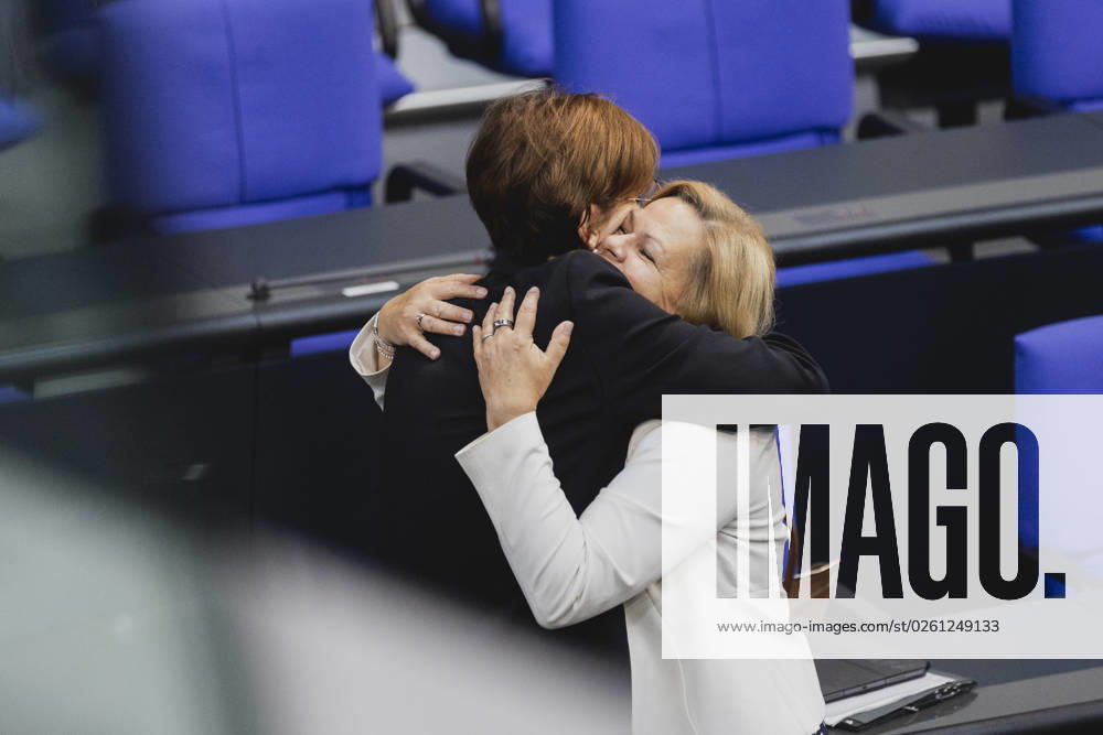 R L Nancy Faeser SPD , Federal Minister of the Interior and Home Affairs, and Bettina Stark Watzinger FDP , Federal Minister of Education and Research, recorded during the debate in the German Bundestag on skilled worker immigration Berlin, 23 06 2023 Berlin Germany