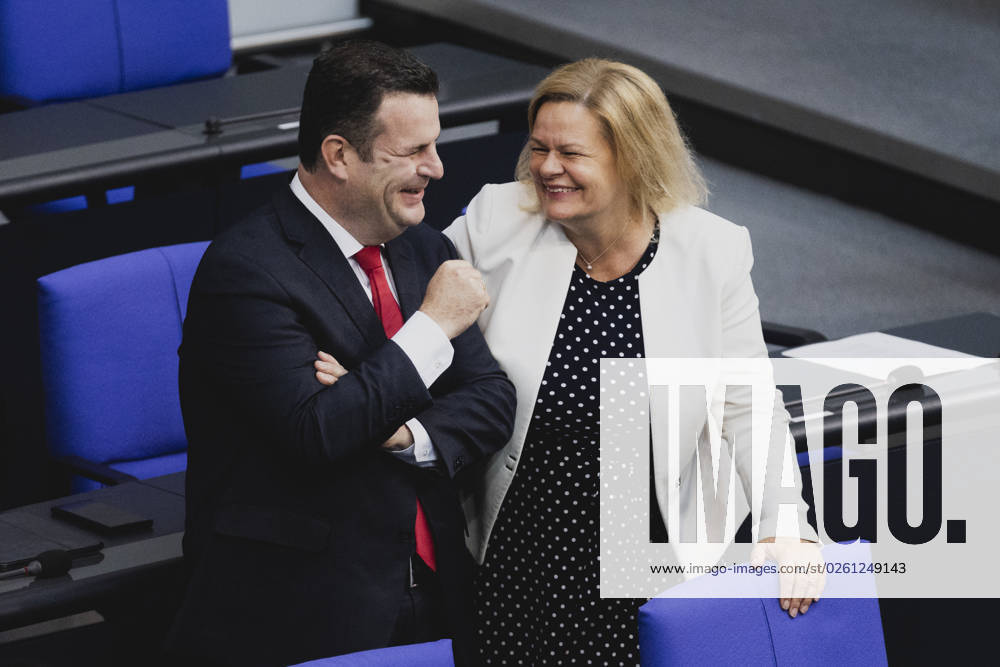 L R Hubertus Heil SPD , Federal Minister of Labor and Social Affairs, and Nancy Faeser SPD , Federal Minister of the Interior and Homeland, recorded during the debate in the German Bundestag on skilled worker immigration Berlin, 23 06 2023 Berlin Germany