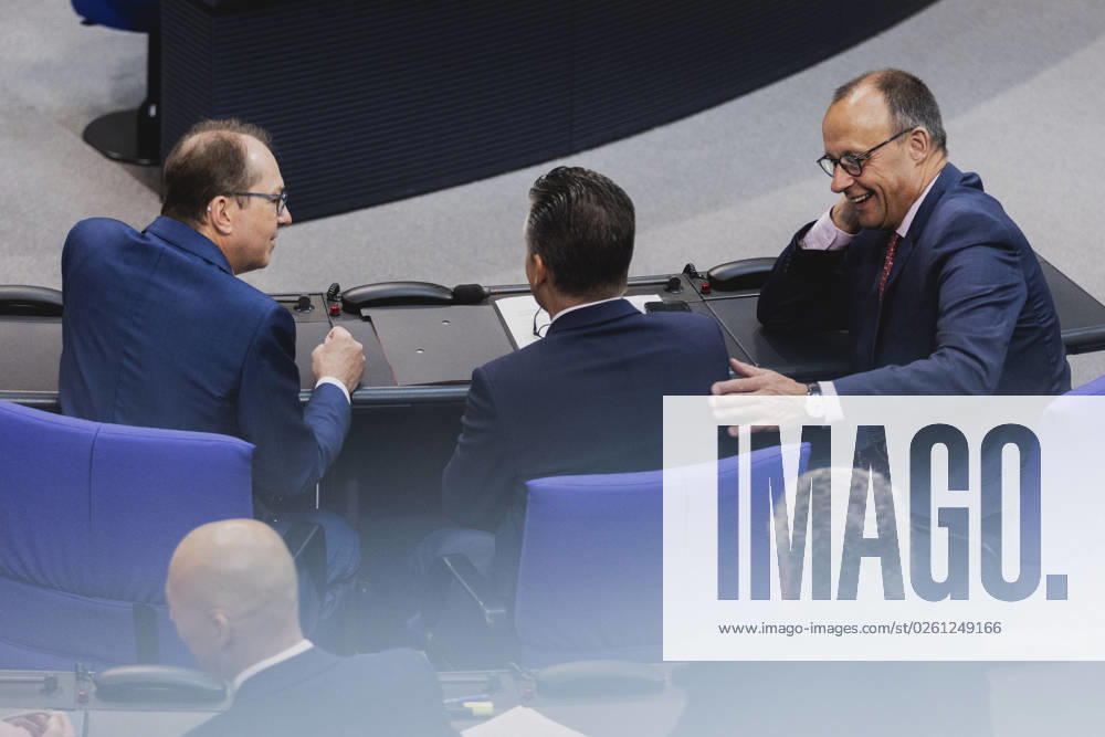 R L Friedrich Merz, CDU party leader, Thorsten Frei, member of the German Bundestag CDU CSU , and Alexander Dobrindt, chairman of the CSU state group in the German Bundestag, recorded during the debate in the German Bundestag on skilled labor immigration Berlin, 23 06 2023 Berlin Germany