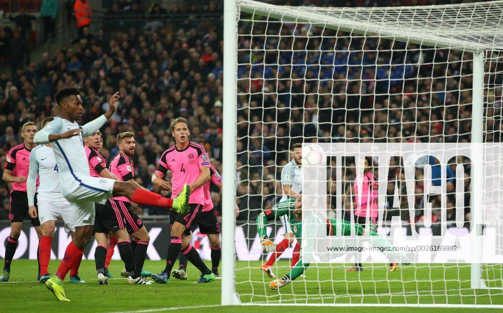 Gary Cahill of England scores the third goal past Craig Gordon of Scotland during the FIFA World Cup WM Weltmeisterschaft Fussball Qualifying Group F match at Wembley Stadium, London. Picture date: November 11th, 2016. Pic David Klein Sportimage .