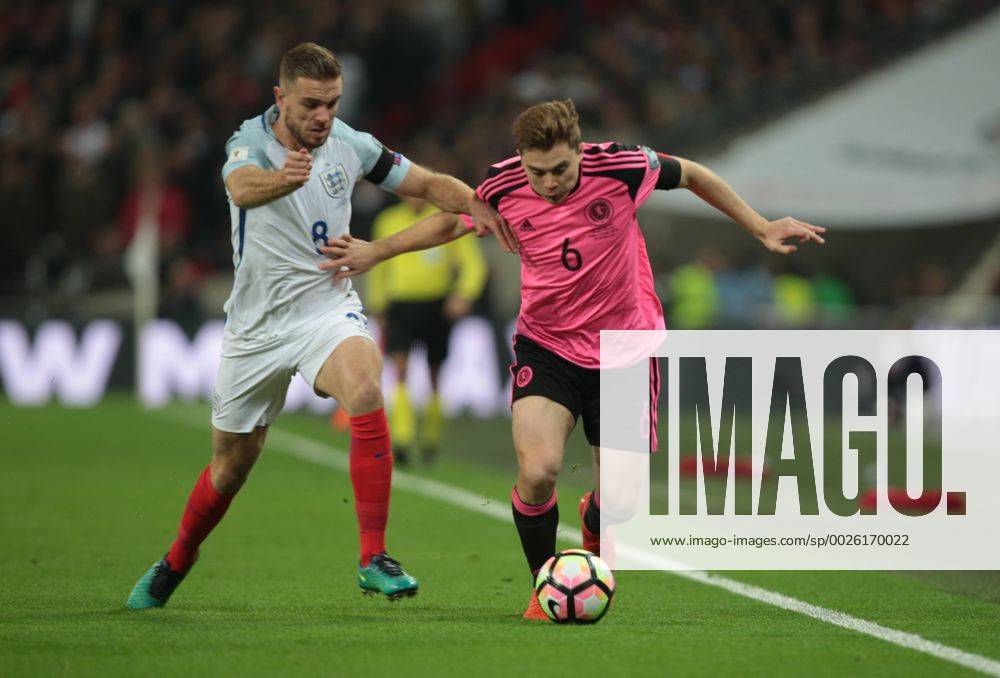 London, England, United Kingdom - James Forrest of Scotland holds of England s Jordan Henderson during FIFA World Cup WM Weltmeisterschaft Fussball Qualifying - European Region - Group F match between England and Scotland at Wembley stadium 11 Nov 2016 England v Scotland - FIFA 2018 World Cup Qualifier - ZUMAn230 20161111_zaa_n230_330