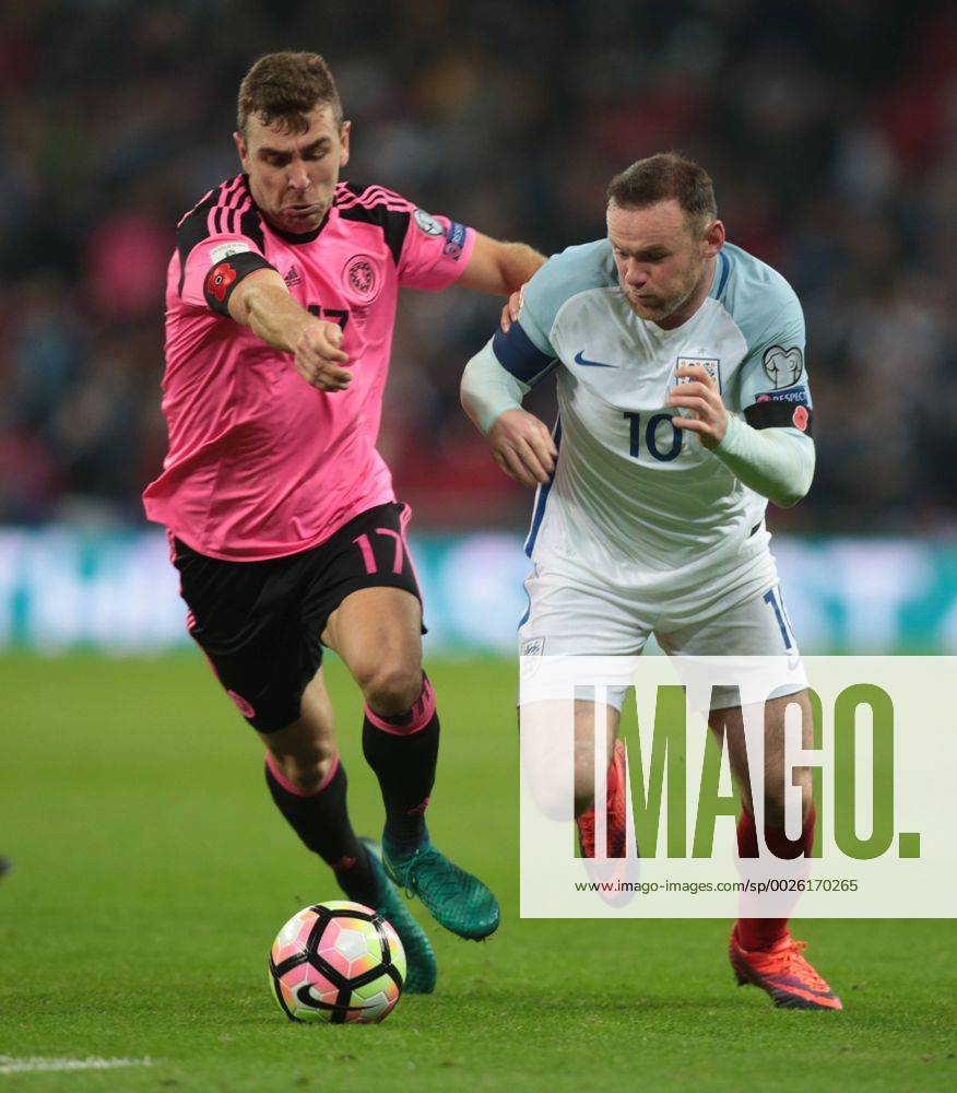 London, England, United Kingdom - England s Wayne Rooney holds of James McArthur of Scotland during FIFA World Cup WM Weltmeisterschaft Fussball Qualifying - European Region - Group F match between England and Scotland at Wembley stadium 11 Nov 2016 England v Scotland - FIFA 2018 World Cup Qualifier - ZUMAn230 20161111_zaa_n230_340