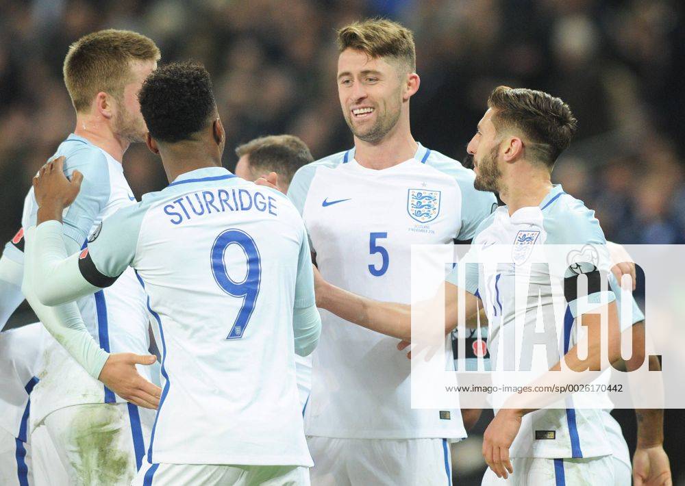 Football - 2016 2017 World Cup Qualifier - Group F: England vs. Scotland Gary Cahill celebrates his goal with fellow Goalscorer Daniel Sturridge at Wembley. COLORSPORT ANDREW COWIE