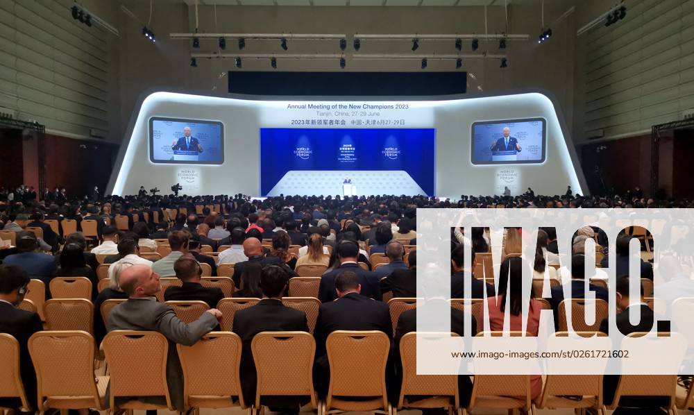 Klaus Schwab, founder of the World Economic Forum, delivers speech during the opening ceremony of the 14th Annual Meeting of the New Champions, also known as the Summer Davos Forum, on June 27, 2023 in Tianjin, China. The Summer Davos Forum opened in Tianjin on June 27.