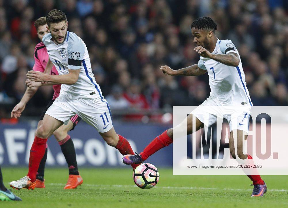 LONDON, Nov. 11, 2016 -- Raheem Sterling (R) of England controls the ball during the Group F match between England and Scotland at 2018 FIFA World Cup WM Weltmeisterschaft Fussball European Qualifiers at Wembley Stadium in London, England on Nov. 11, 2016. England won 3-0. ) (SP)BRITAIN-LONDON-FOOTBALL-FIFA WORLD CUP QUALIFIER-ENGLAND VS SCOTLAND HanxYan